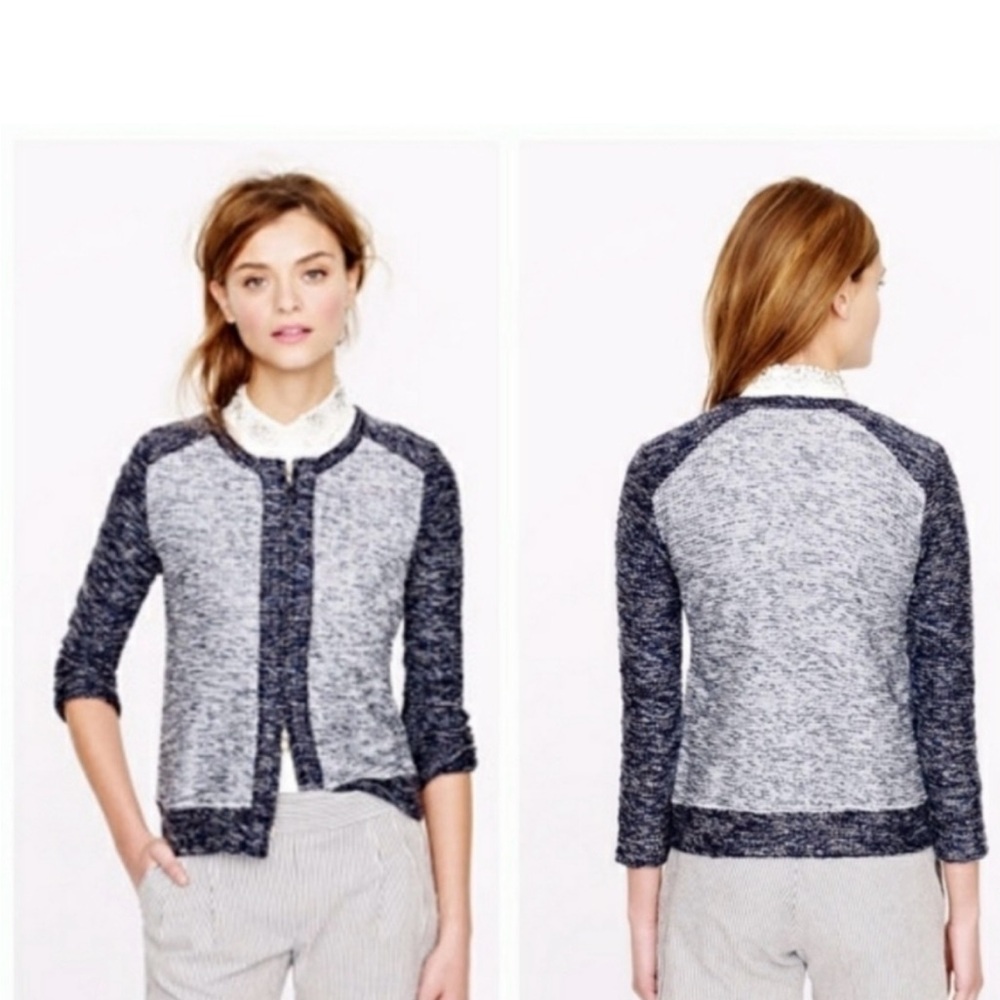 J. Crew boucle jacket sweater women’s Medium blue silver tweed double end zip
